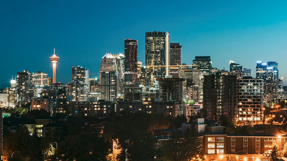 Calgary skyline lit up at night